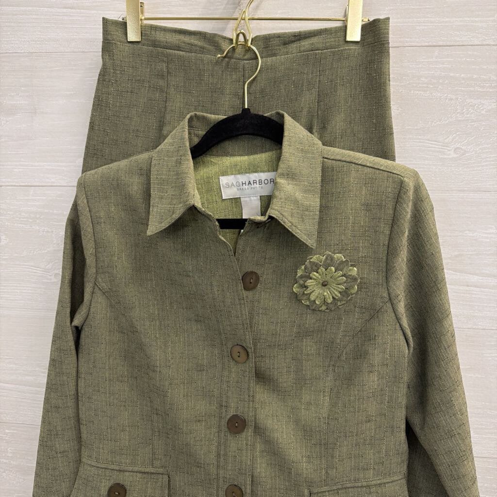 Sag Harbor Green Jacket Top/ Trouser Pants Set 8 Petite