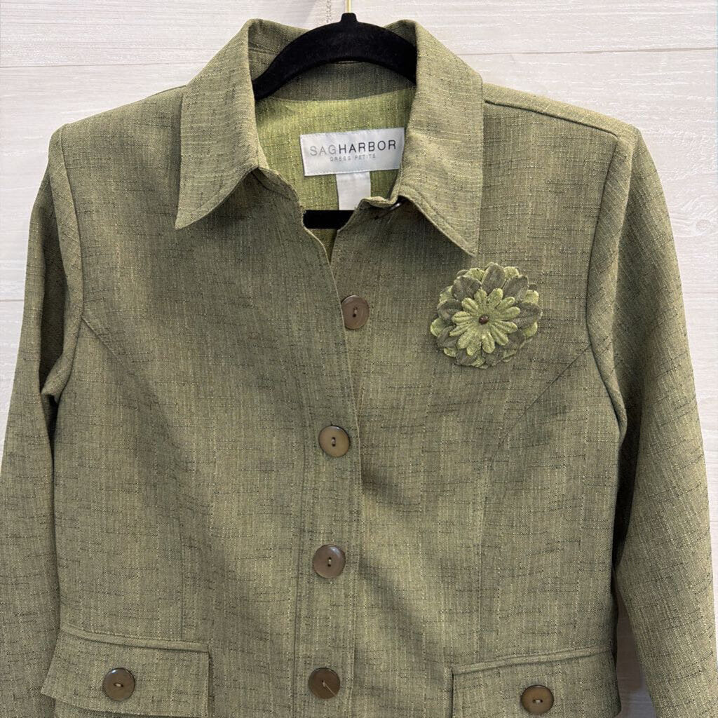 Sag Harbor Green Jacket Top/ Trouser Pants Set 8 Petite