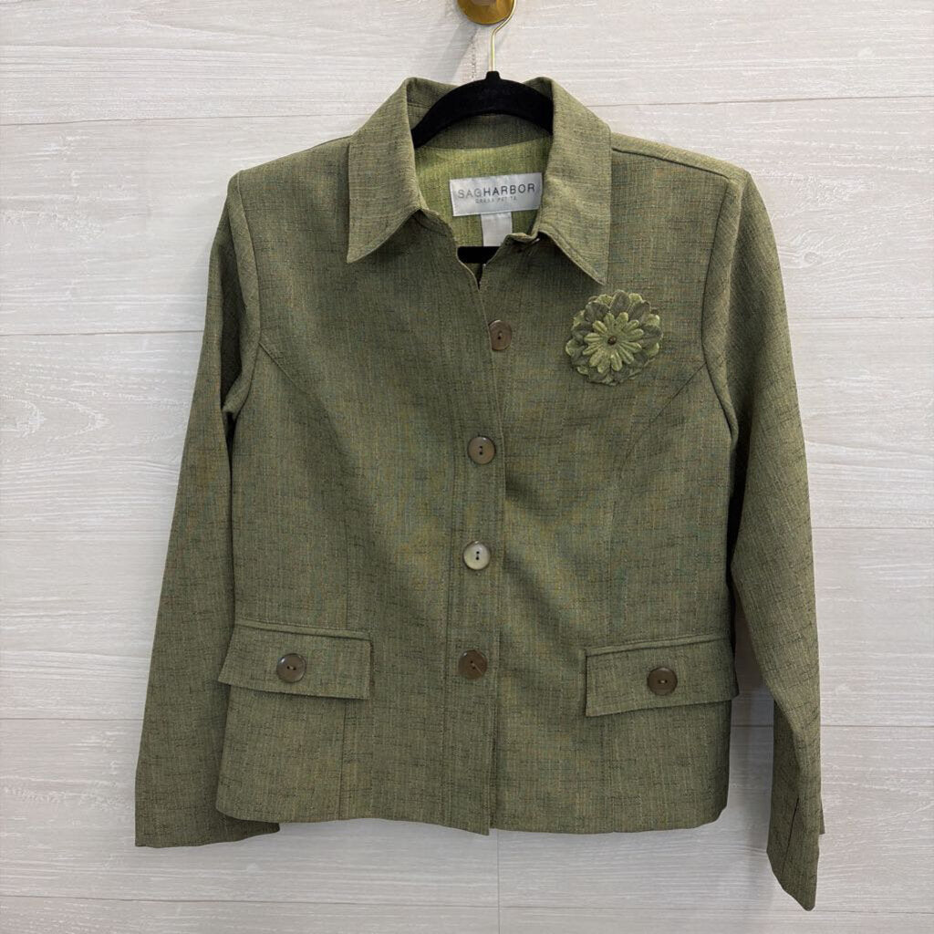 Sag Harbor Green Jacket Top/ Trouser Pants Set 8 Petite