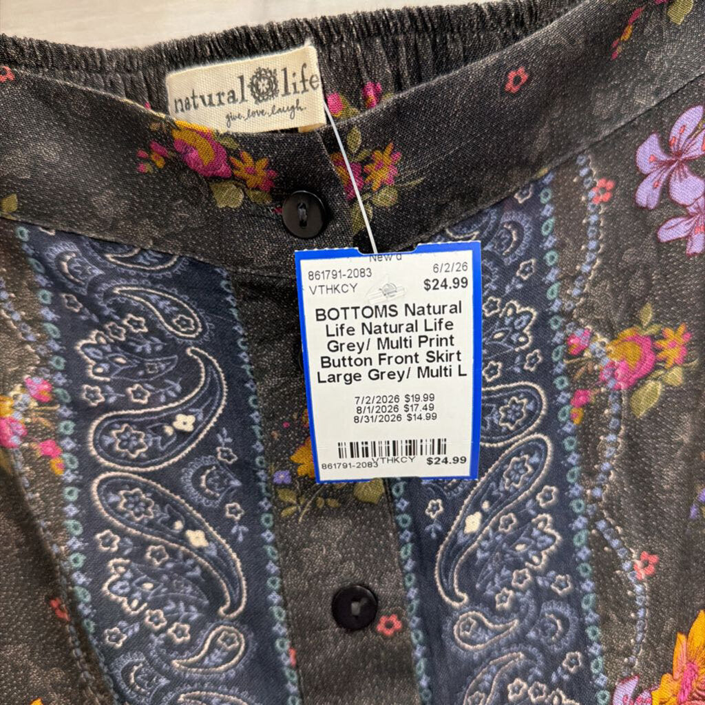 Natural Life Grey/ Multi Print Button Front Skirt Large