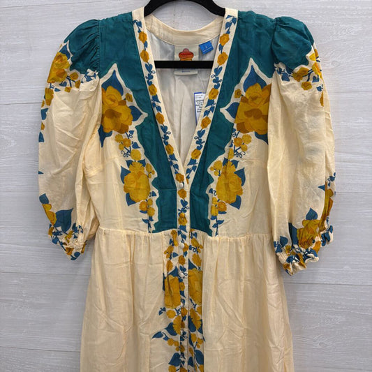 Farm Rio Cream/ Multi Print Short Puff Sleeve Button Front Maxi Dress Small