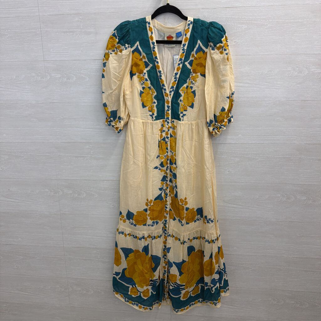 Farm Rio Cream/ Multi Print Short Puff Sleeve Button Front Maxi Dress Small