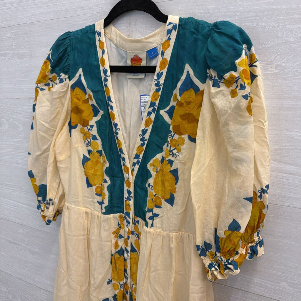 Farm Rio Cream/ Multi Print Short Puff Sleeve Button Front Maxi Dress Small