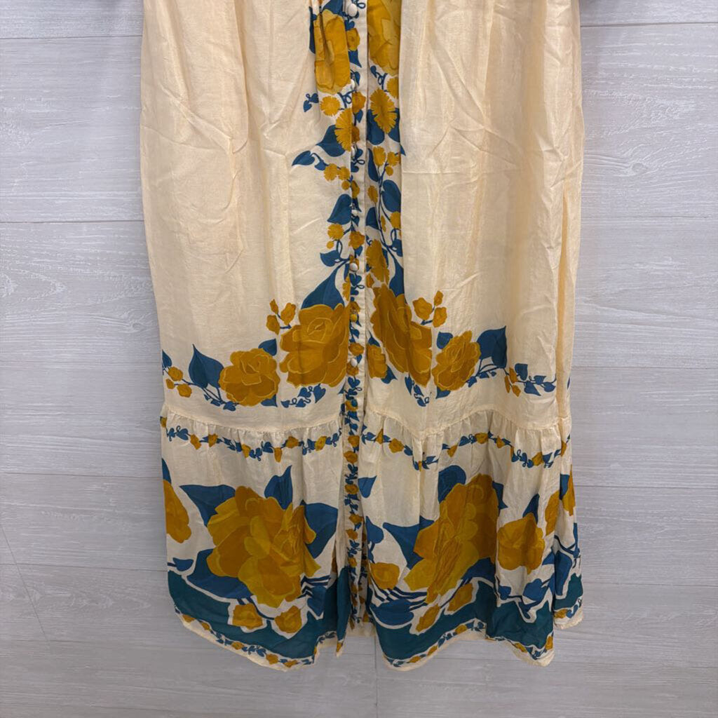 Farm Rio Cream/ Multi Print Short Puff Sleeve Button Front Maxi Dress Small