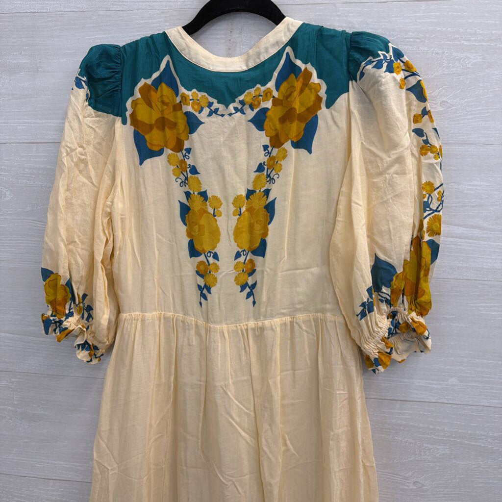 Farm Rio Cream/ Multi Print Short Puff Sleeve Button Front Maxi Dress Small