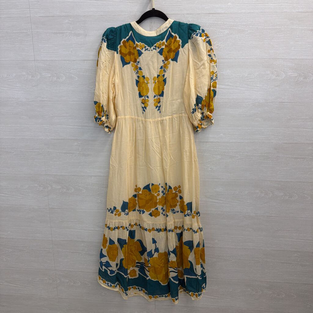 Farm Rio Cream/ Multi Print Short Puff Sleeve Button Front Maxi Dress Small