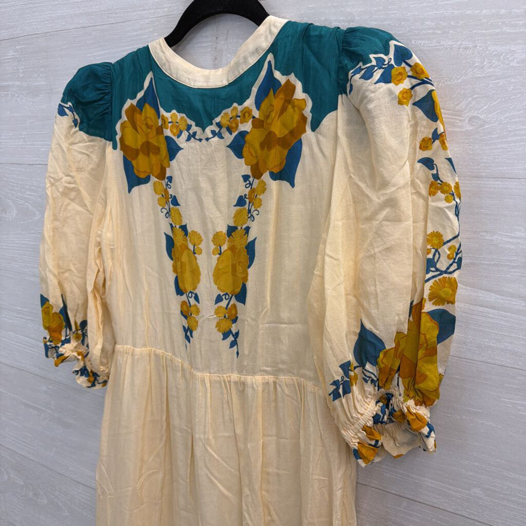 Farm Rio Cream/ Multi Print Short Puff Sleeve Button Front Maxi Dress Small