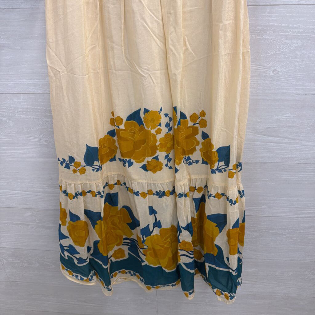 Farm Rio Cream/ Multi Print Short Puff Sleeve Button Front Maxi Dress Small
