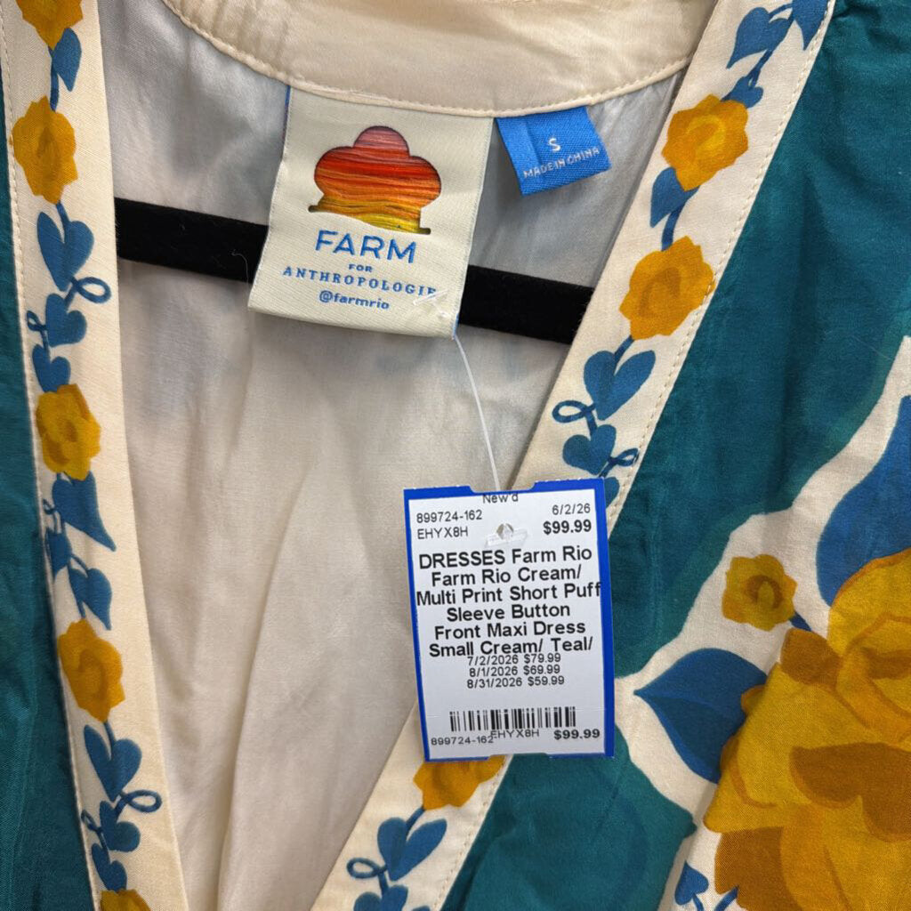 Farm Rio Cream/ Multi Print Short Puff Sleeve Button Front Maxi Dress Small