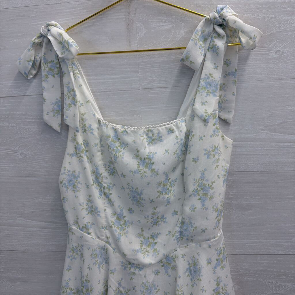 Altar'd State White/ Blue Floral Print Tie Strap Romper Medium