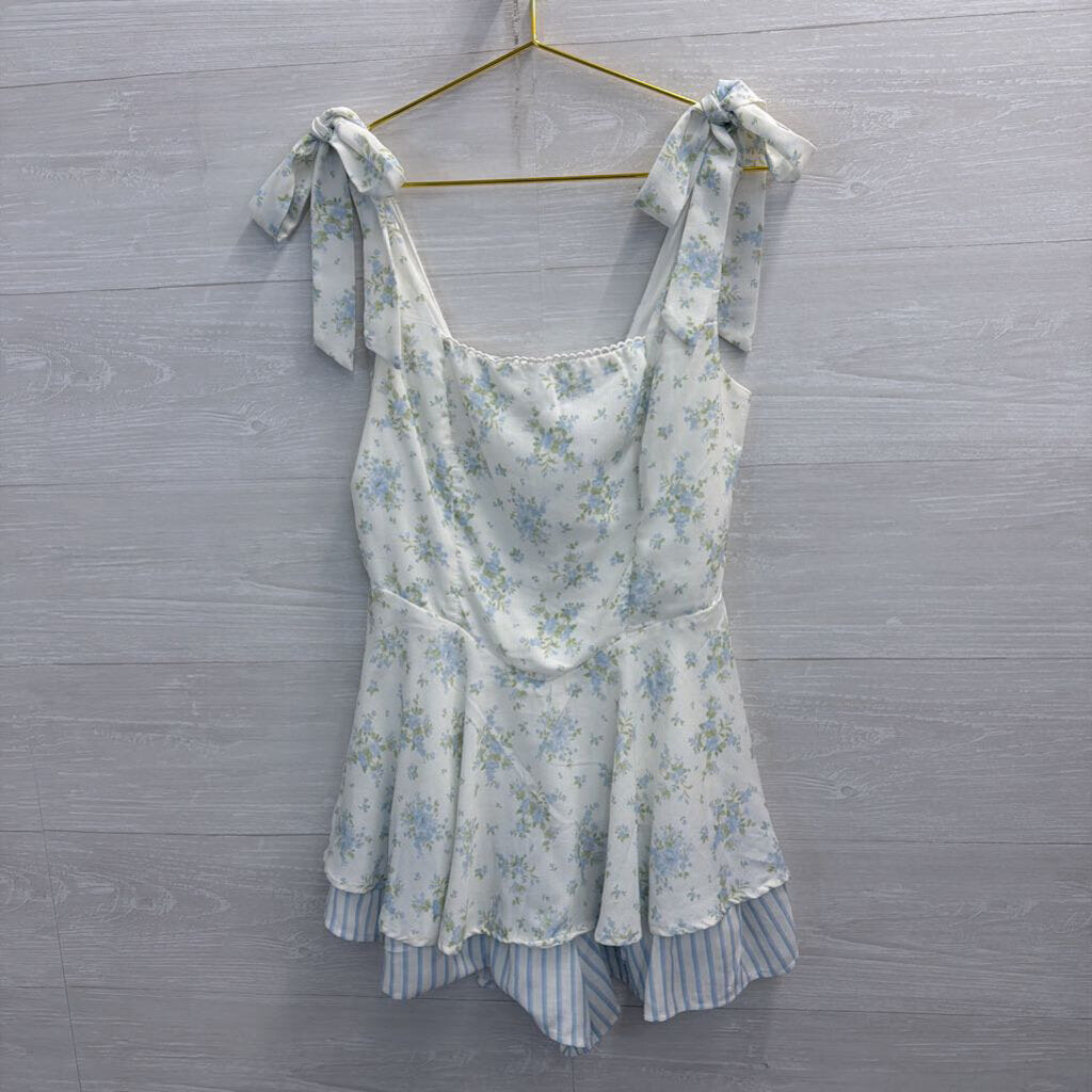 Altar'd State White/ Blue Floral Print Tie Strap Romper Medium