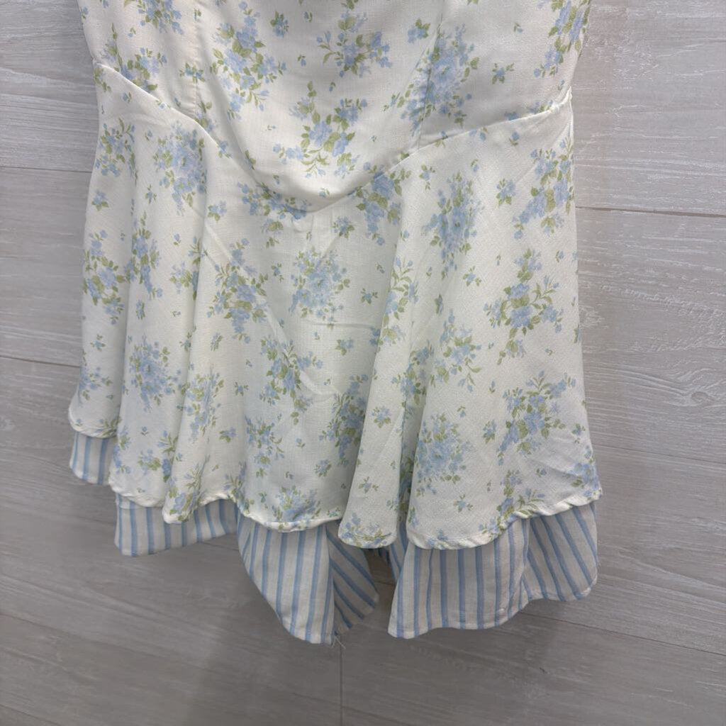 Altar'd State White/ Blue Floral Print Tie Strap Romper Medium
