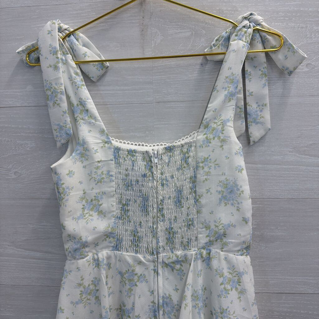 Altar'd State White/ Blue Floral Print Tie Strap Romper Medium