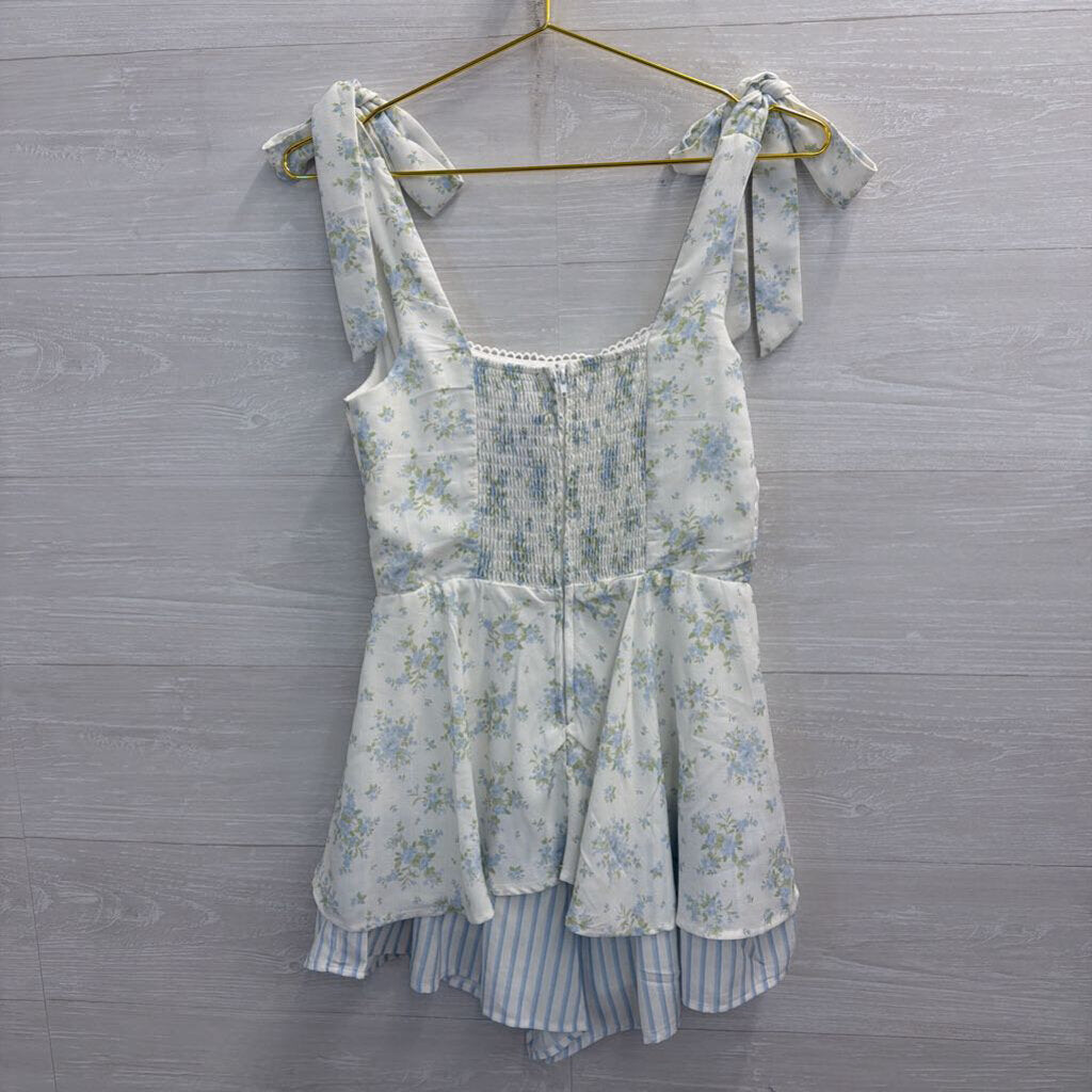 Altar'd State White/ Blue Floral Print Tie Strap Romper Medium