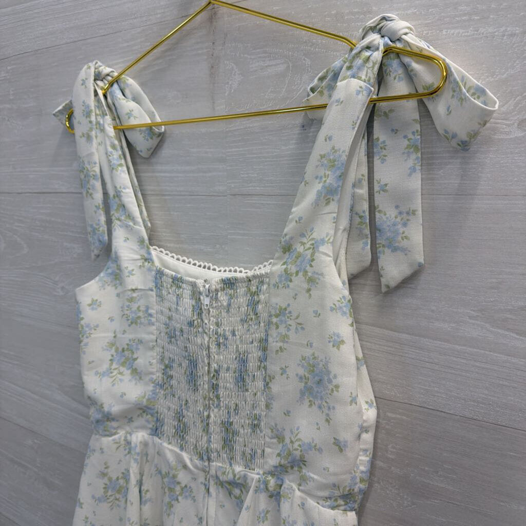 Altar'd State White/ Blue Floral Print Tie Strap Romper Medium