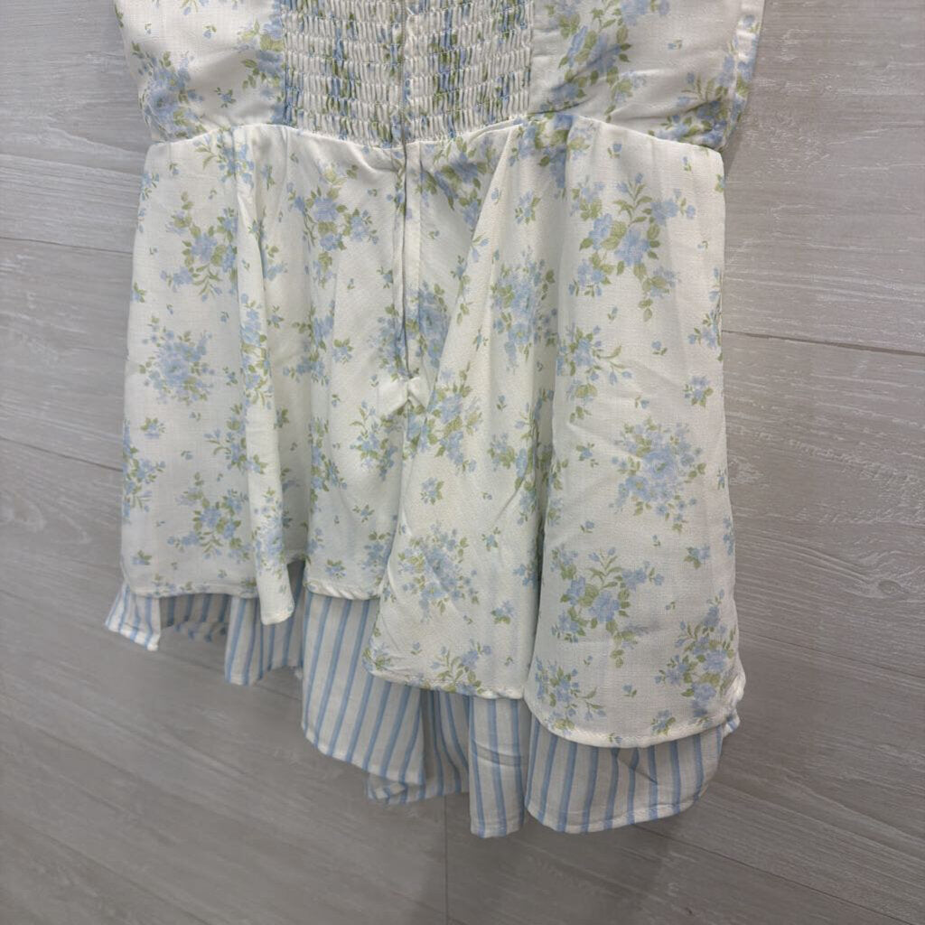 Altar'd State White/ Blue Floral Print Tie Strap Romper Medium