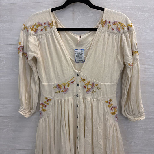 Free People Cream/ Multi Embroidered Long Sleeve Day Glow Midi Dress Small