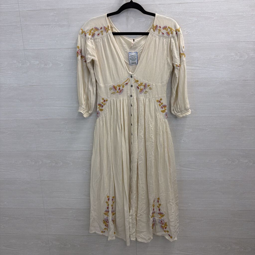 Free People Cream/ Multi Embroidered Long Sleeve Day Glow Midi Dress Small