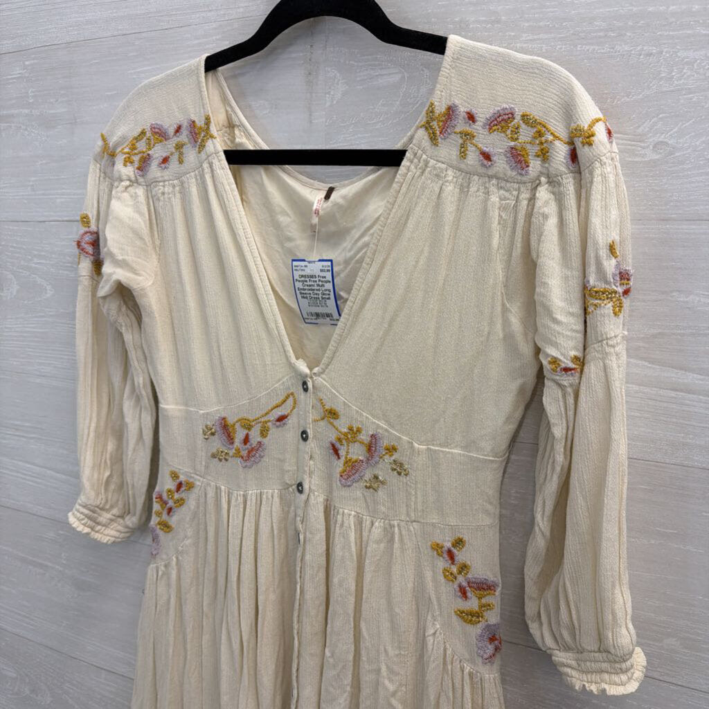 Free People Cream/ Multi Embroidered Long Sleeve Day Glow Midi Dress Small