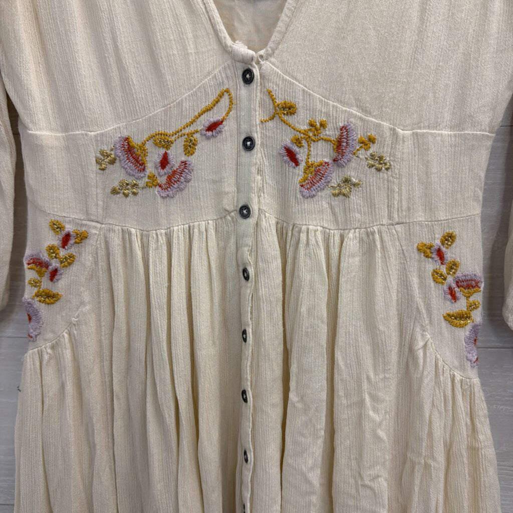 Free People Cream/ Multi Embroidered Long Sleeve Day Glow Midi Dress Small