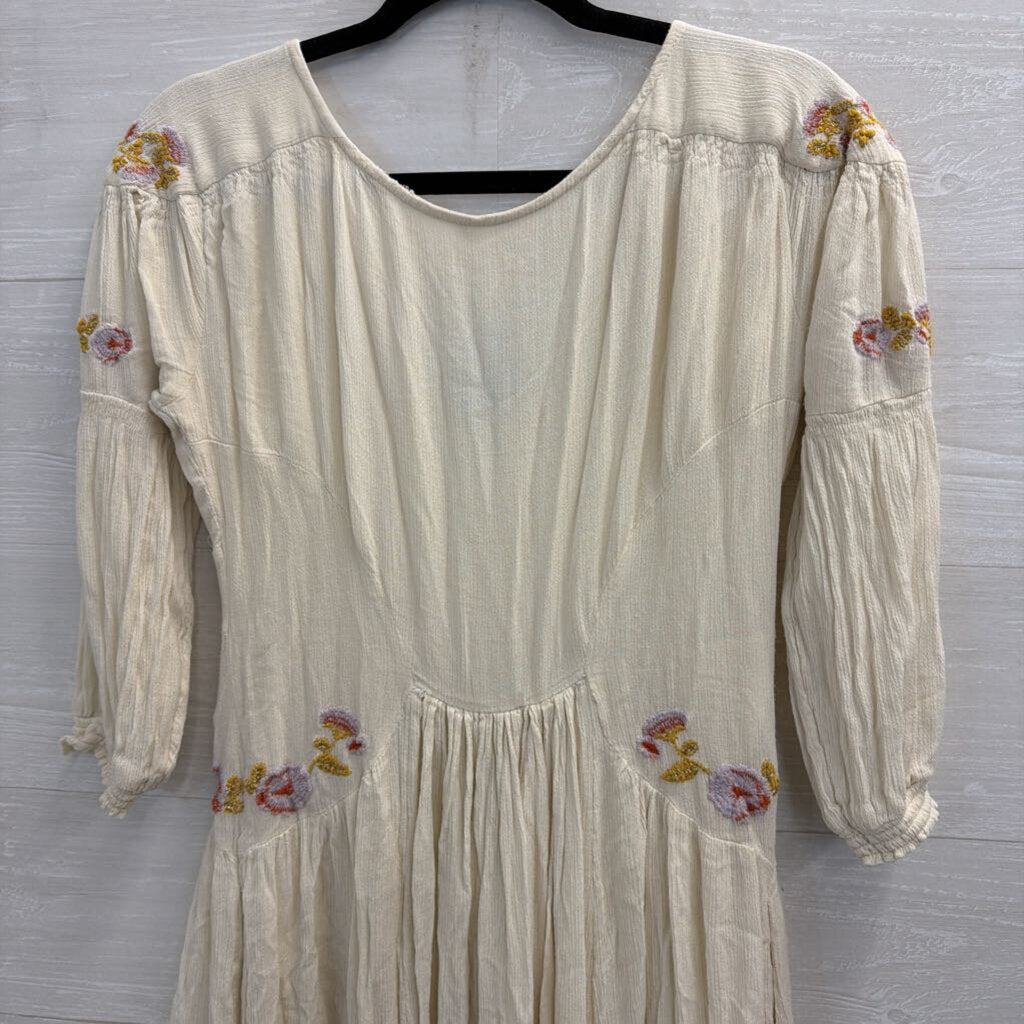 Free People Cream/ Multi Embroidered Long Sleeve Day Glow Midi Dress Small