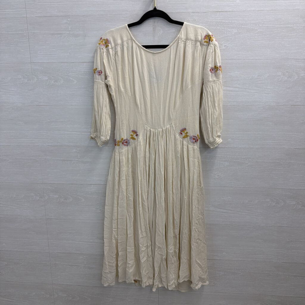 Free People Cream/ Multi Embroidered Long Sleeve Day Glow Midi Dress Small