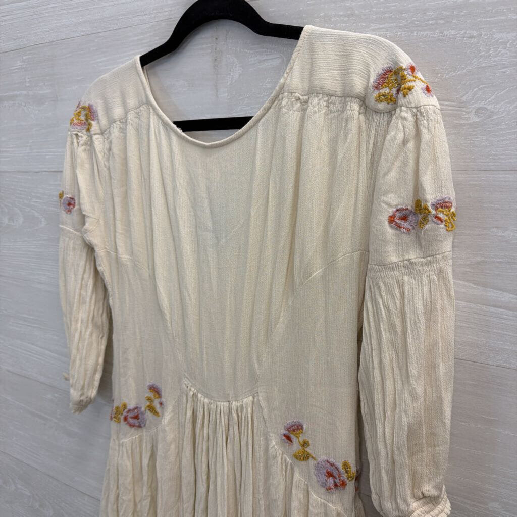 Free People Cream/ Multi Embroidered Long Sleeve Day Glow Midi Dress Small