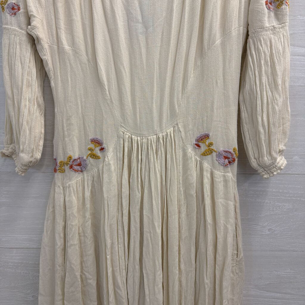 Free People Cream/ Multi Embroidered Long Sleeve Day Glow Midi Dress Small