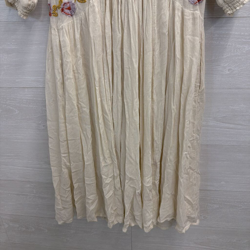 Free People Cream/ Multi Embroidered Long Sleeve Day Glow Midi Dress Small