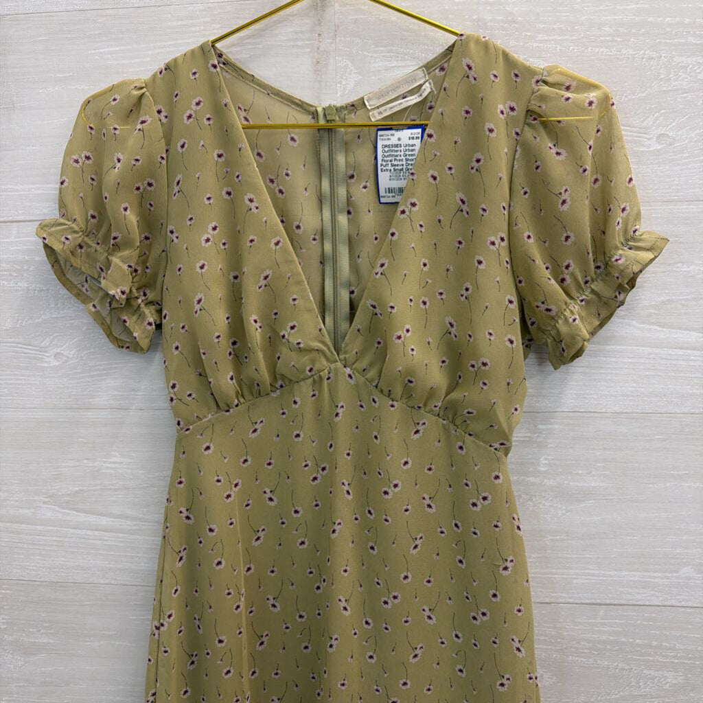 Urban Outfitters Green Floral Print Short Puff Sleeve Dress Extra Small