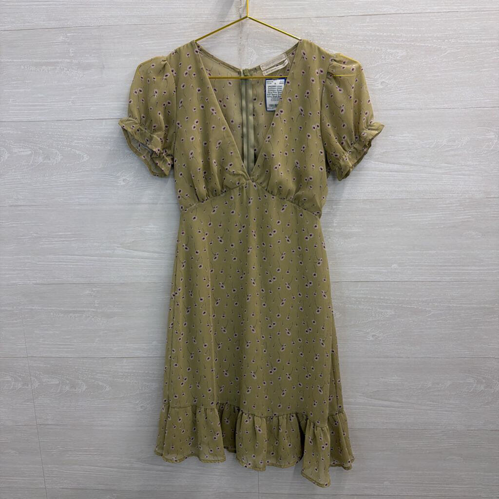 Urban Outfitters Green Floral Print Short Puff Sleeve Dress Extra Small