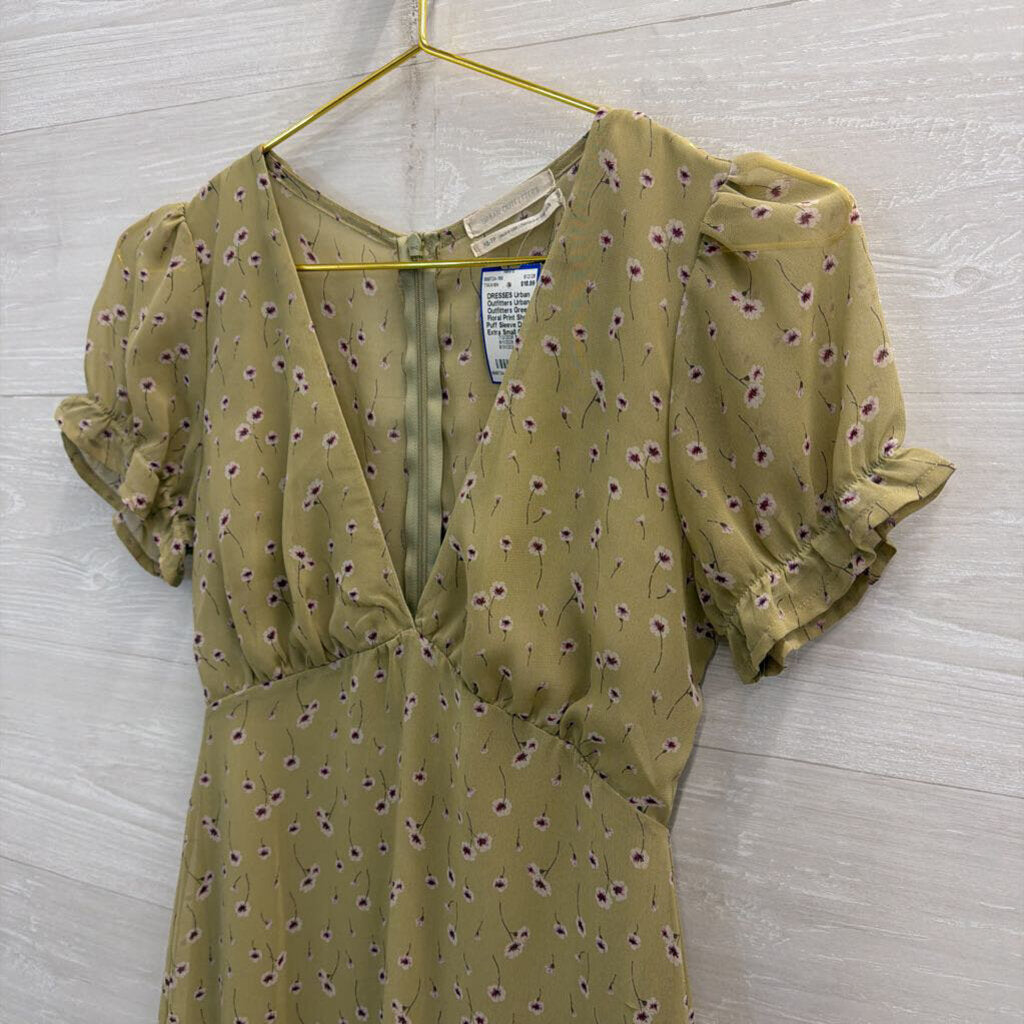 Urban Outfitters Green Floral Print Short Puff Sleeve Dress Extra Small