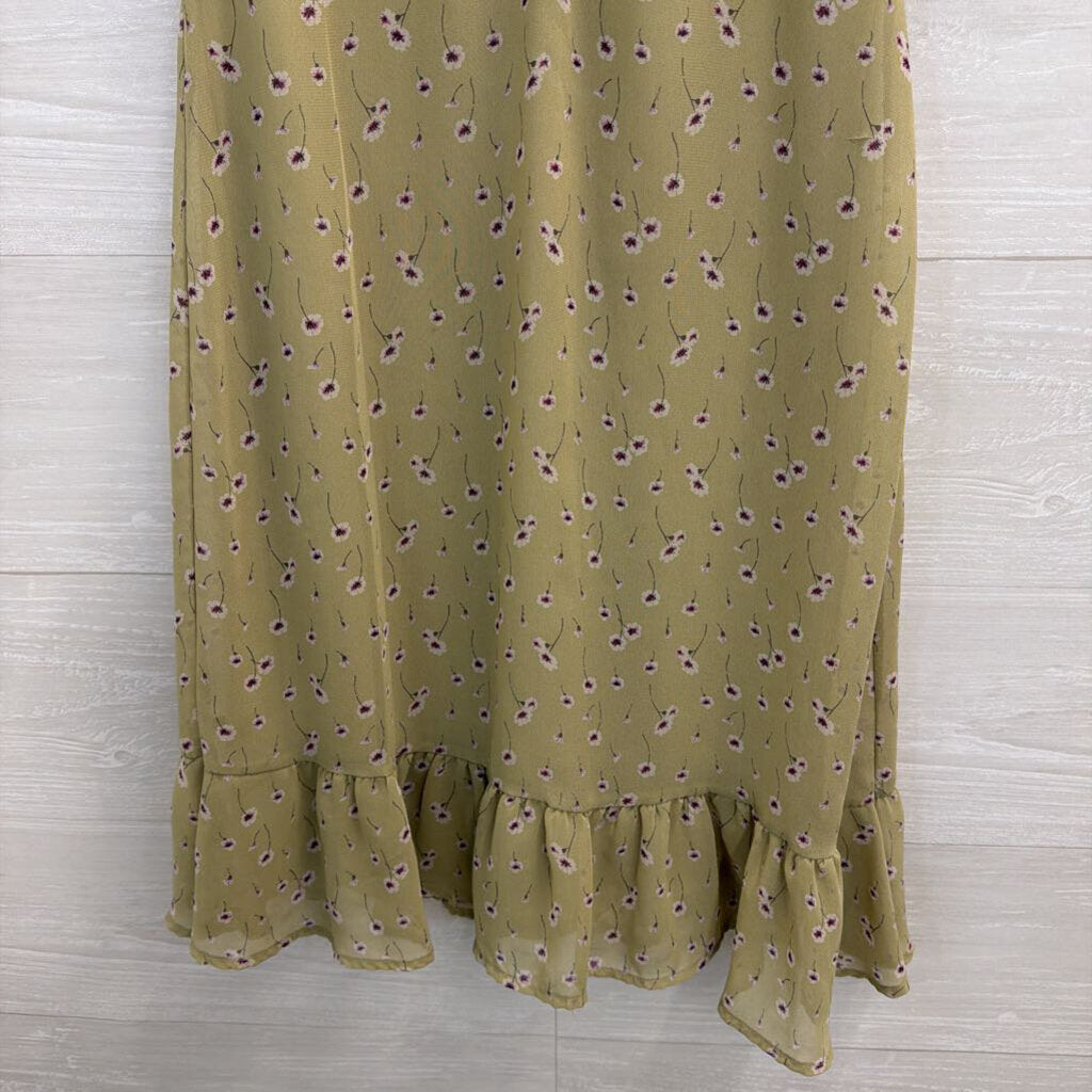 Urban Outfitters Green Floral Print Short Puff Sleeve Dress Extra Small