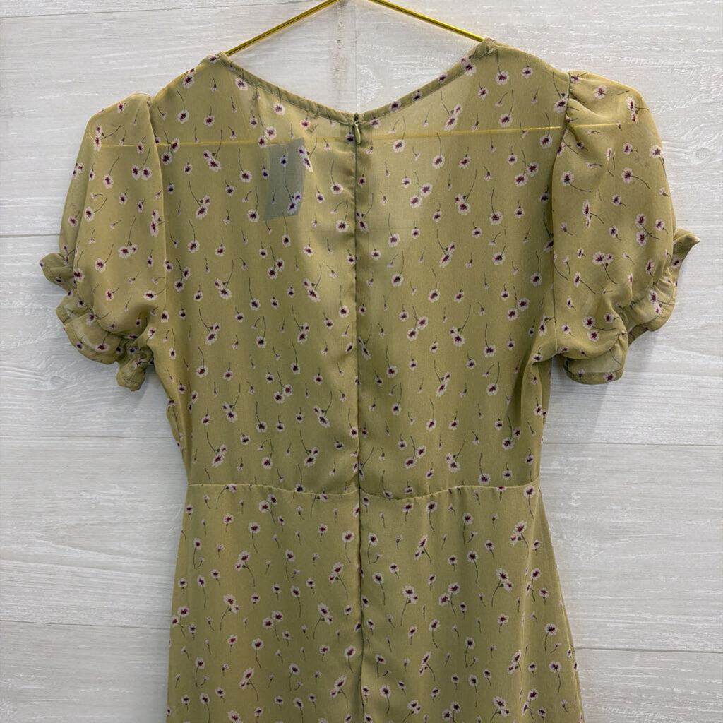 Urban Outfitters Green Floral Print Short Puff Sleeve Dress Extra Small