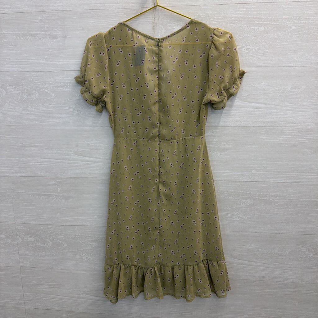 Urban Outfitters Green Floral Print Short Puff Sleeve Dress Extra Small