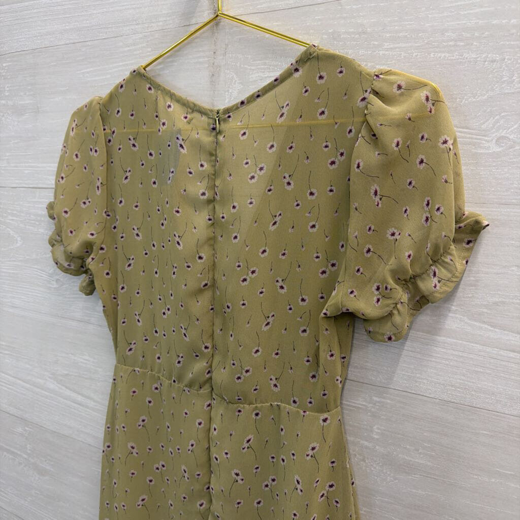Urban Outfitters Green Floral Print Short Puff Sleeve Dress Extra Small