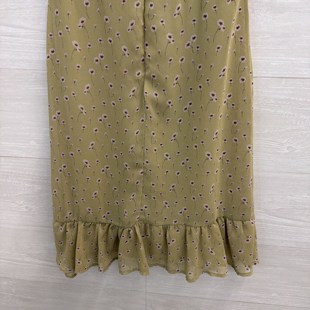Urban Outfitters Green Floral Print Short Puff Sleeve Dress Extra Small