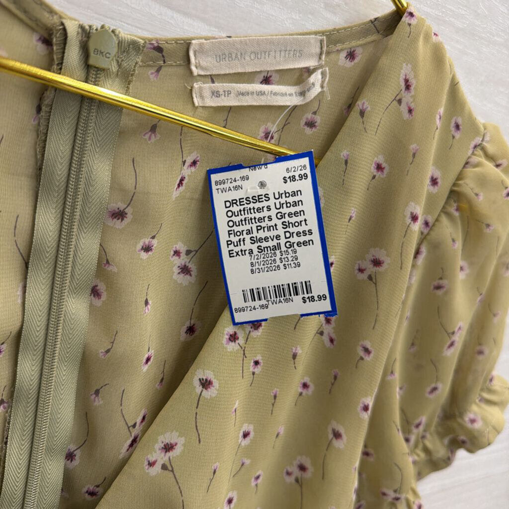 Urban Outfitters Green Floral Print Short Puff Sleeve Dress Extra Small