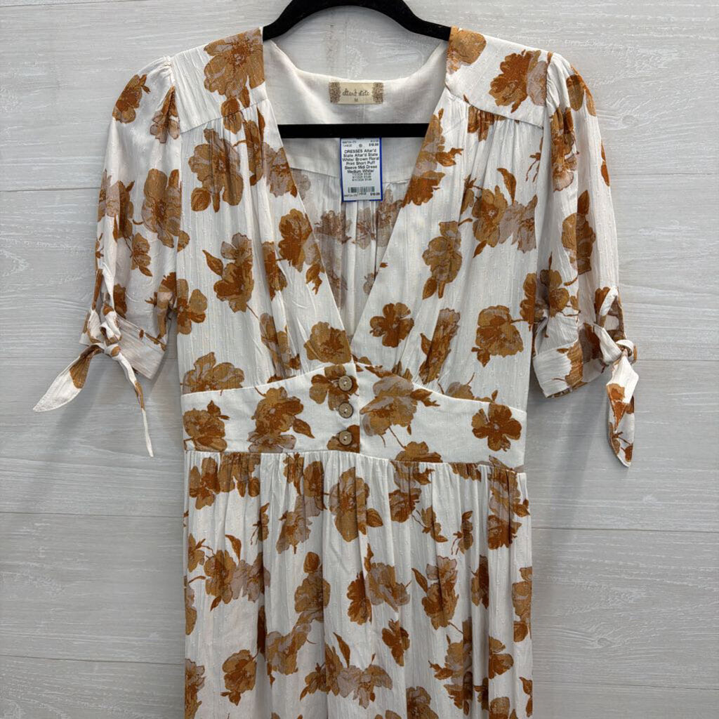 Altar'd State White/ Brown Floral Print Short Puff Sleeve Midi Dress Medium