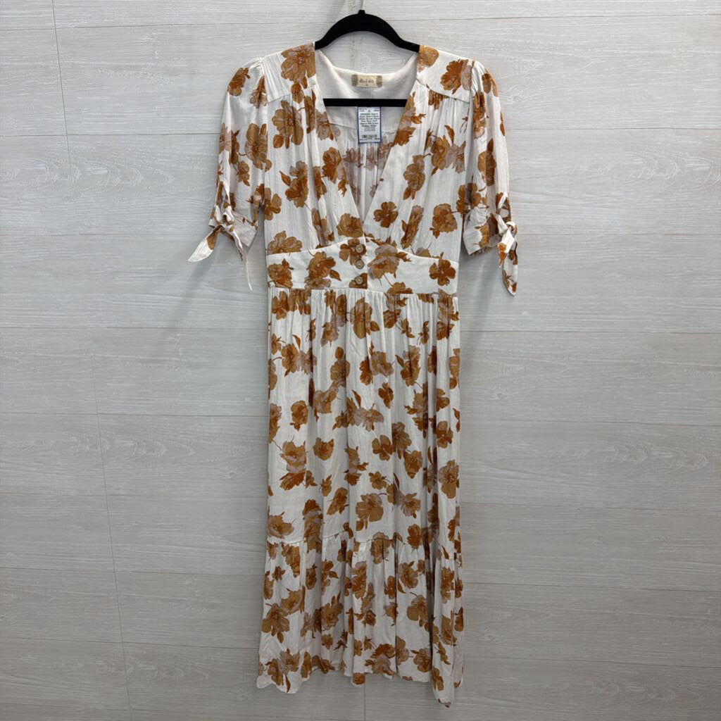 Altar'd State White/ Brown Floral Print Short Puff Sleeve Midi Dress Medium