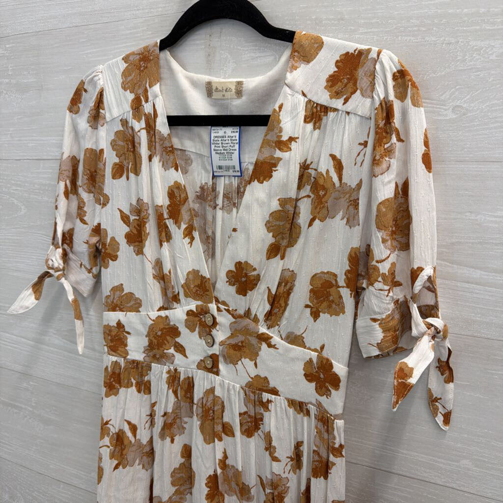 Altar'd State White/ Brown Floral Print Short Puff Sleeve Midi Dress Medium