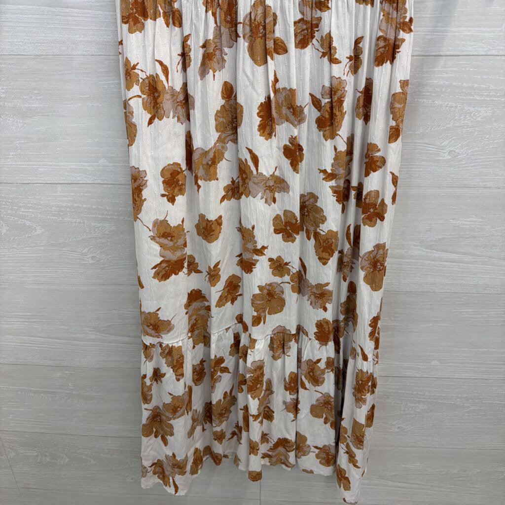 Altar'd State White/ Brown Floral Print Short Puff Sleeve Midi Dress Medium