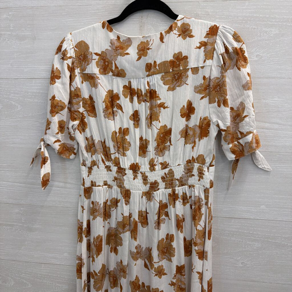 Altar'd State White/ Brown Floral Print Short Puff Sleeve Midi Dress Medium