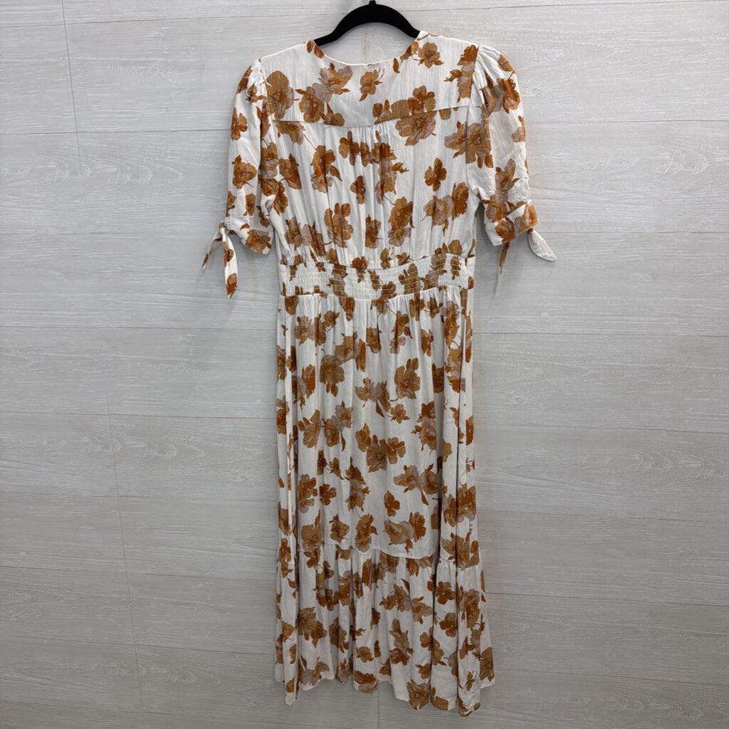 Altar'd State White/ Brown Floral Print Short Puff Sleeve Midi Dress Medium