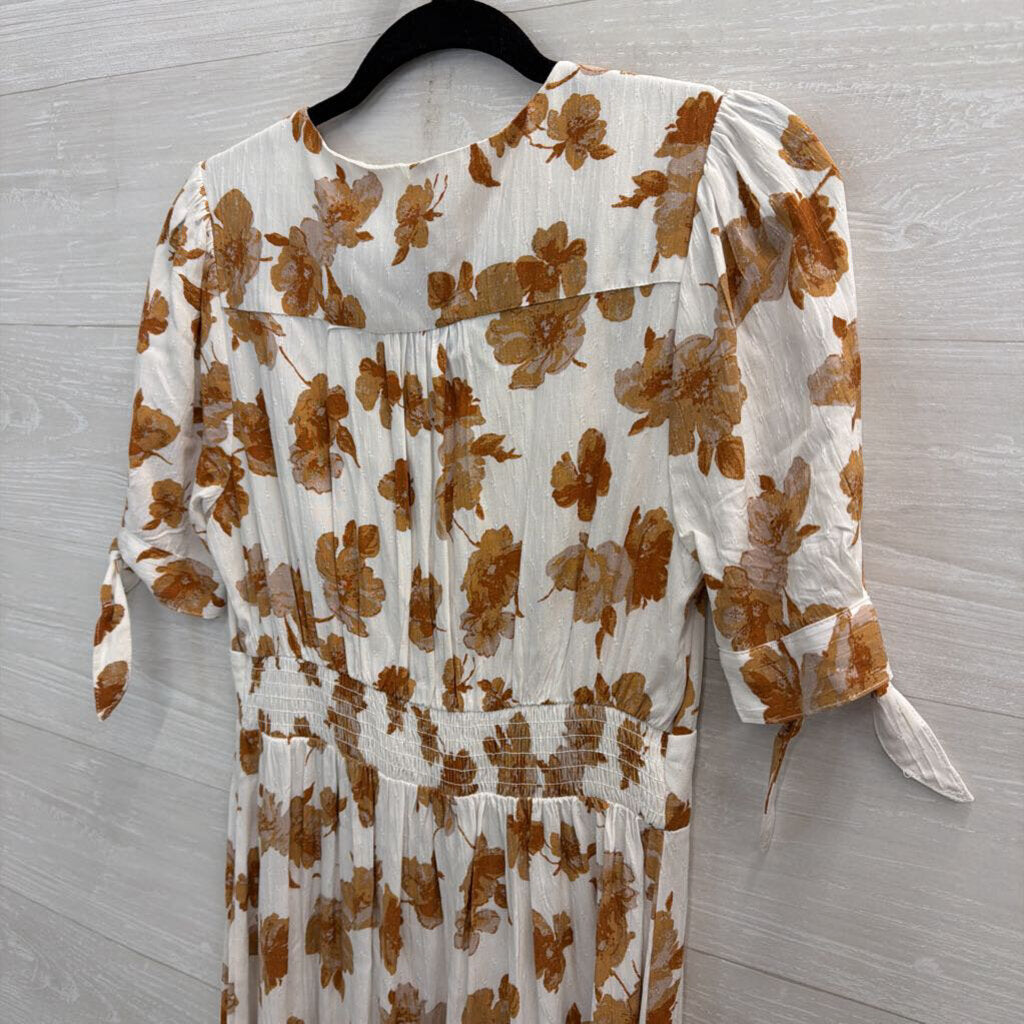 Altar'd State White/ Brown Floral Print Short Puff Sleeve Midi Dress Medium