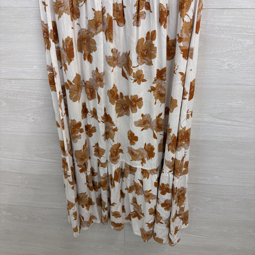 Altar'd State White/ Brown Floral Print Short Puff Sleeve Midi Dress Medium