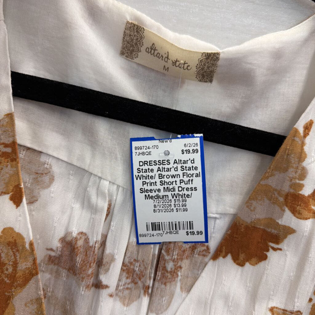 Altar'd State White/ Brown Floral Print Short Puff Sleeve Midi Dress Medium