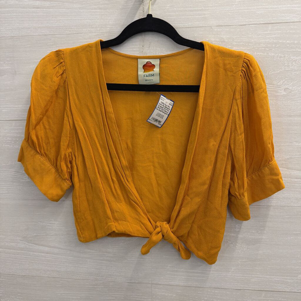 Farm Rio Marigold Cropped Tie Front Short Puff Sleeve Top Small