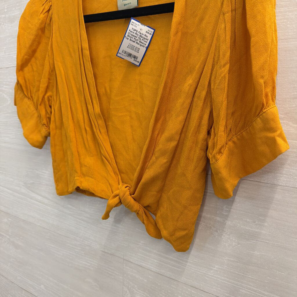 Farm Rio Marigold Cropped Tie Front Short Puff Sleeve Top Small