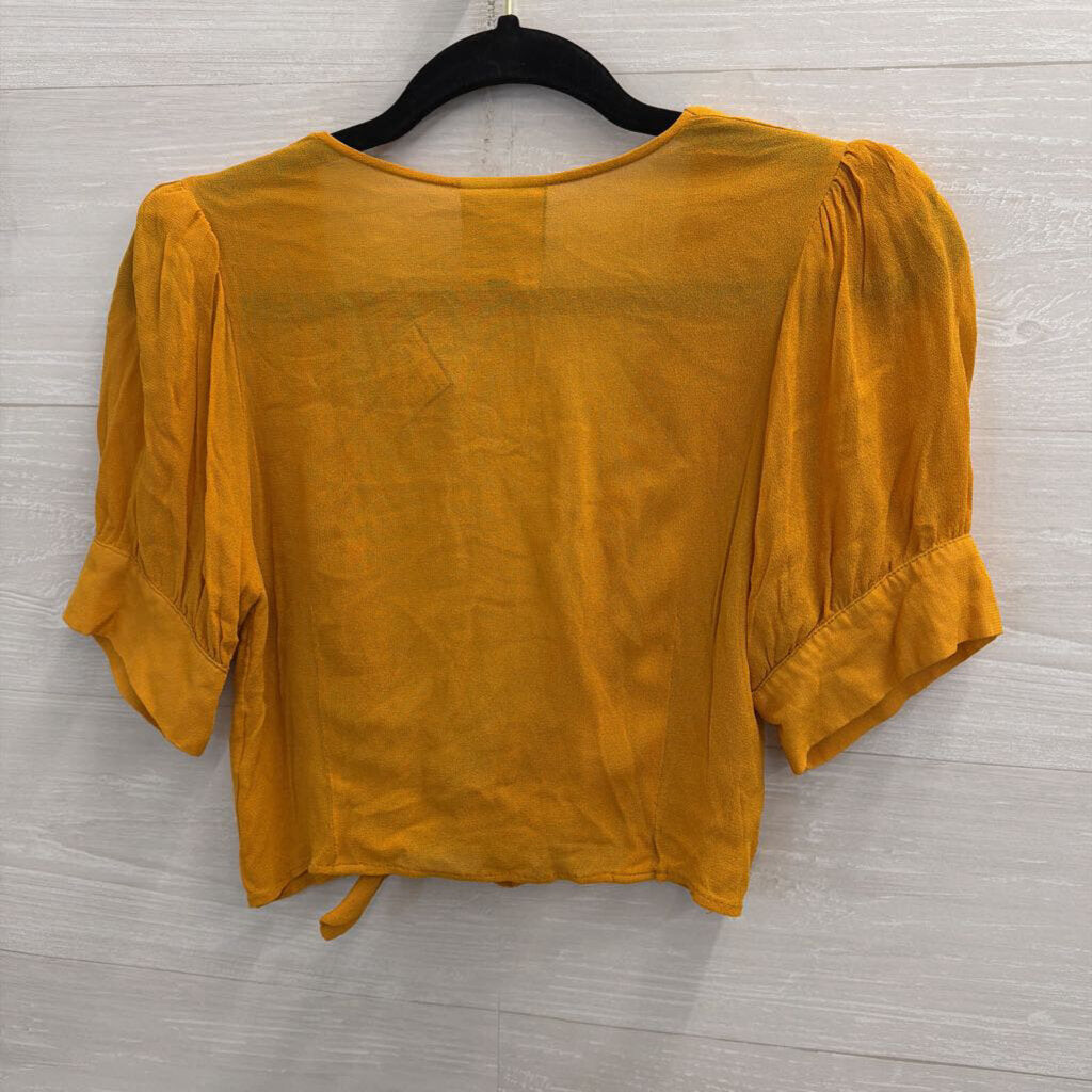 Farm Rio Marigold Cropped Tie Front Short Puff Sleeve Top Small